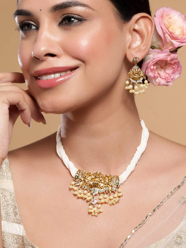 Rubans 22K Gold-Plated Divine Lakshmi Motif Necklace Set with White Beads & Pearl Drops