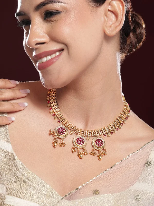 Rubans 22K Gold-Plated Ruby Stone & Golden Beads Handcrafted Necklace Set with Floral Medallions