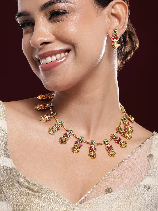 Rubans 22K Gold-Plated Ruby & Emerald Stone Handcrafted Traditional Necklace Set