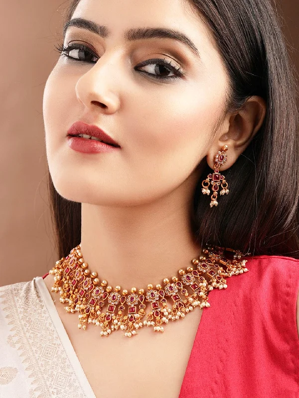 Rubans 22K Gold-Plated Ruby  Kundan & Cubic Zirconia Studded Necklace Set with Pearl Beads