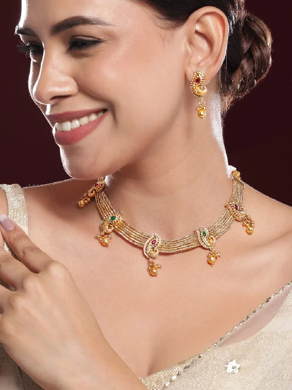 Rubans 22K Gold-Plated Ruby & Emerald Stone Handcrafted Necklace Set with Golden Beads