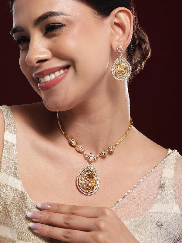 Rubans 22K Gold-Plated Ruby Pink & White Cubic Zirconia Studded Peacock Motif Necklace Set