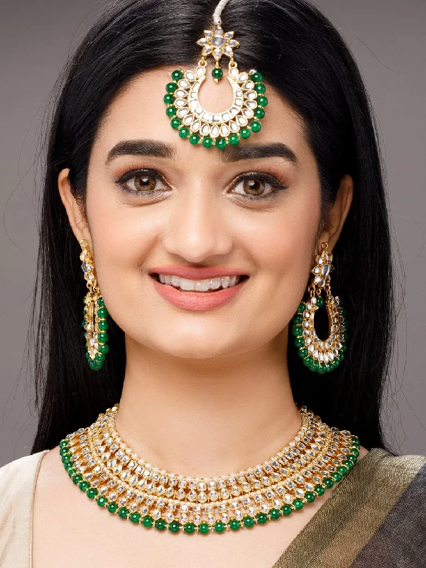 Rubans Gold-Toned Green Kundan Studded Necklace Set