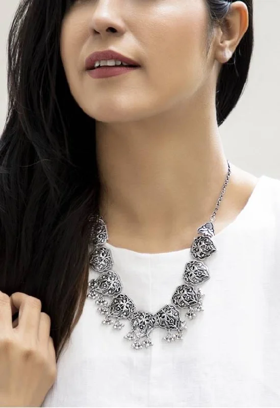 Rubans Silver Toned Statement Oxidised Necklace