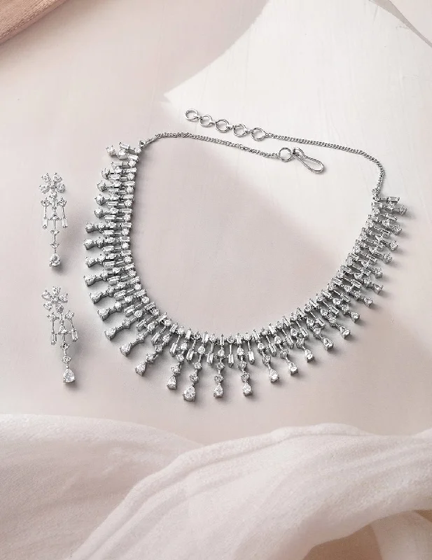 Rubans Rhodium-Plated White AD & Cubic Zirconia Studded Premium Necklace Jewellery Set