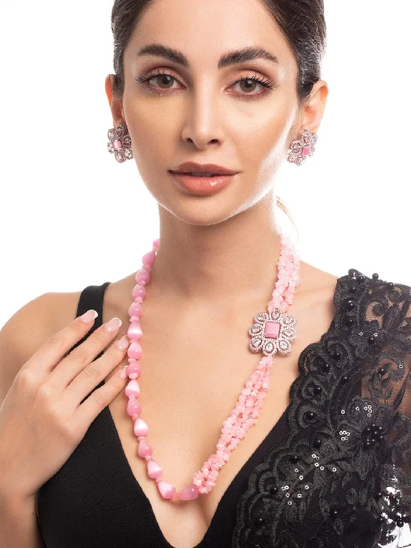 Rubans Silver Plated Necklace Set With Pink Beads And Studded AD