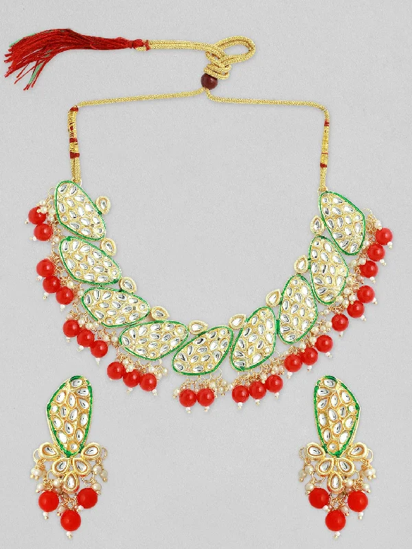 Rubans Women Maroon & Gold-Toned & Plated Kundan Necklace Set