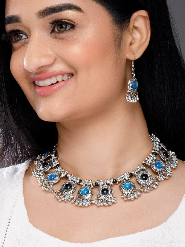 Silver-Plated Oxidised Black Thread Necklace Set with Blue and Black Stone Accents