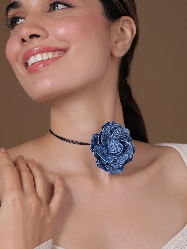 Stylish Denim Blue Flower Statement Choker Necklace