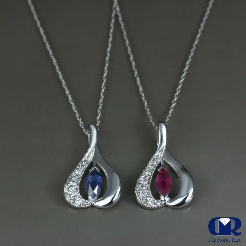 Diamond & Marquise Ruby Or Sapphire Pendant 14K Gold With 16" Chain