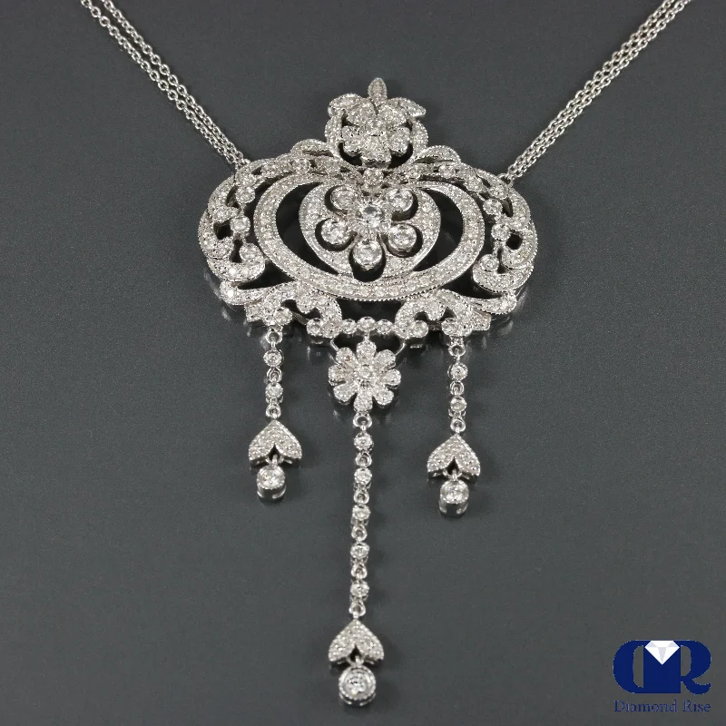 Vintage Diamond Necklace In 14K White Gold With Double 15" Chain