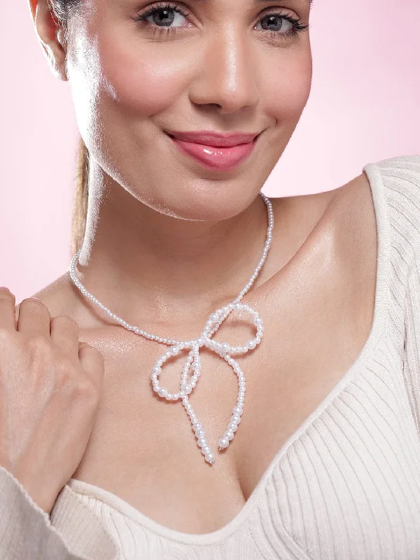 White Pearl Bow Necklace with Silver-Plated Clasp