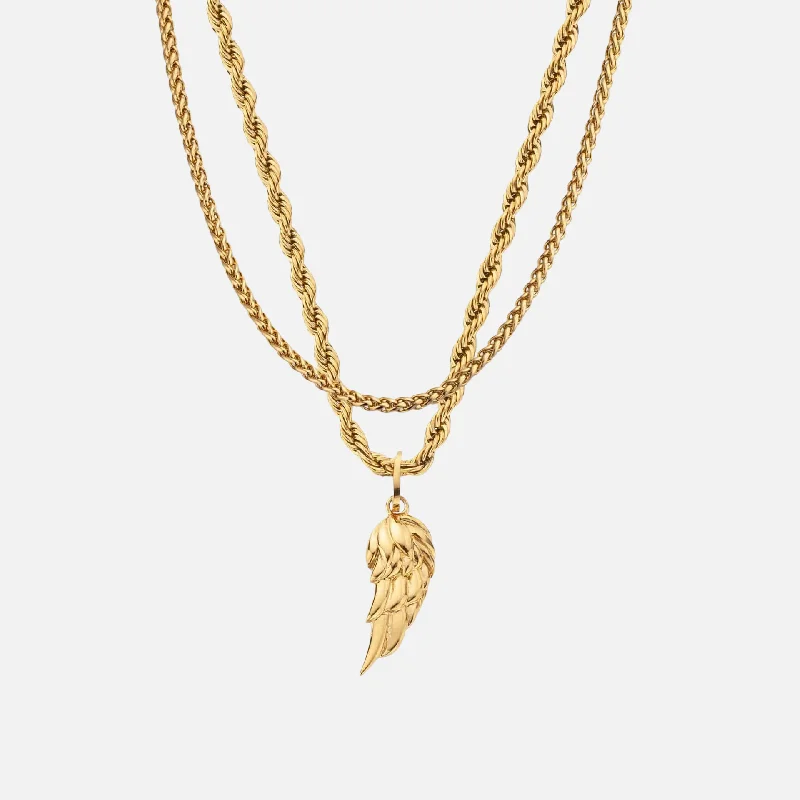 WHEAT CHAIN & WING PENDANT SET - GOLD