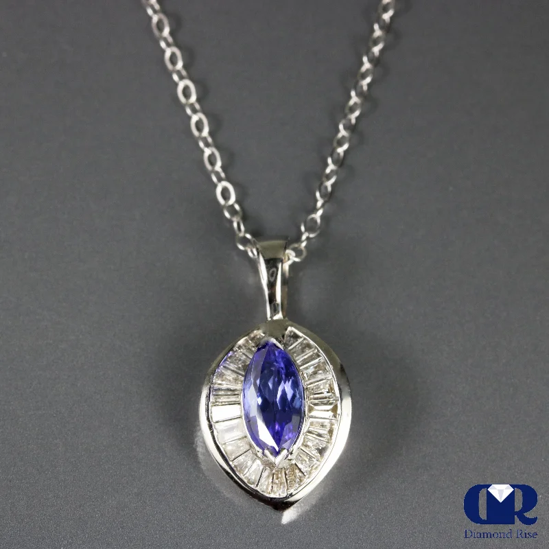 1.30 Ct Tanzanite & Diamond Pendant necklace 14K White Gold With Chain