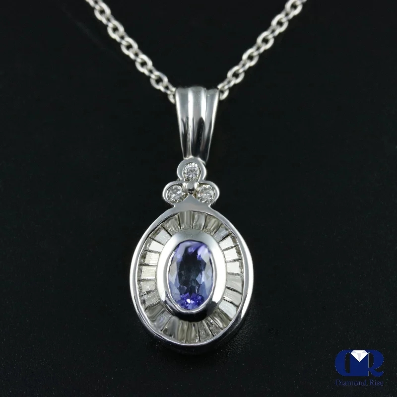 1.27 Ct Tanzanite & Diamond Pendant Necklace 14K White Gold With Chain