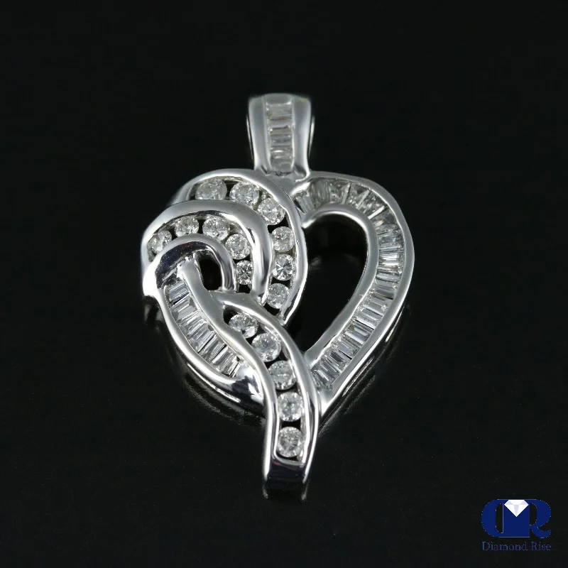 Women's Round & Baguette Diamond Heart Shaped Pendant Necklace In 14K White Gold