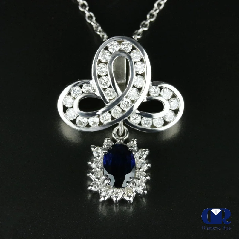 Women's Vintage Oval Sapphire & Diamond Slide Pendant Necklace 14K White Gold