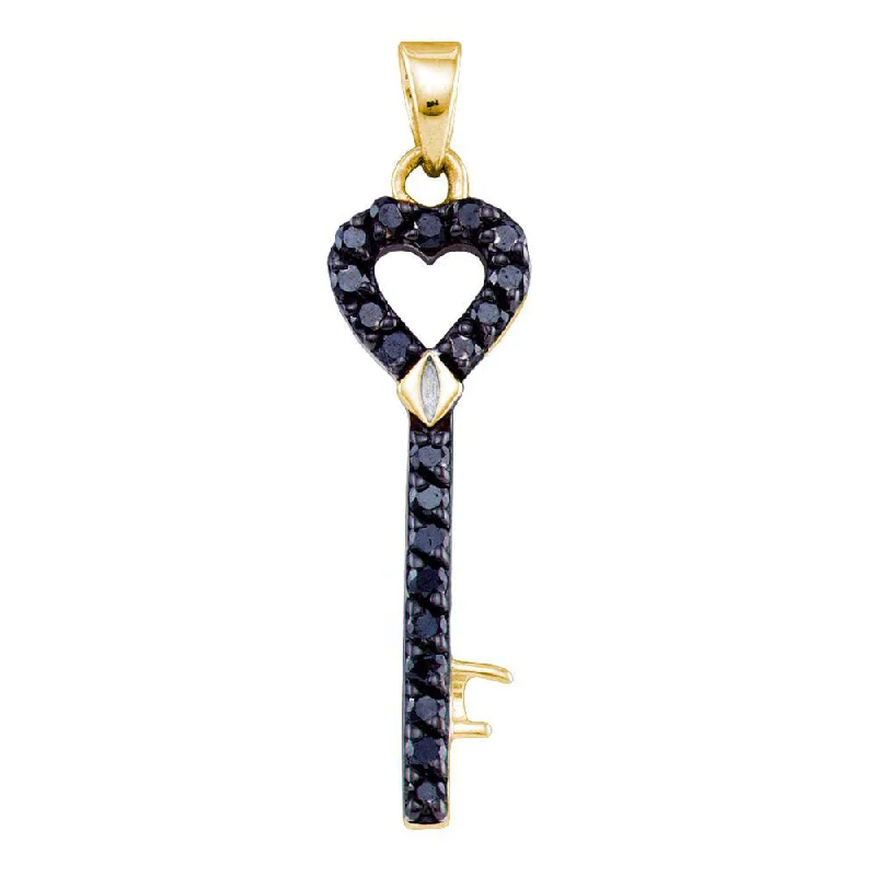 Yellow-tone Sterling Silver Womens Black Color Enhanced Diamond Heart Key Pendant 1/2 Cttw