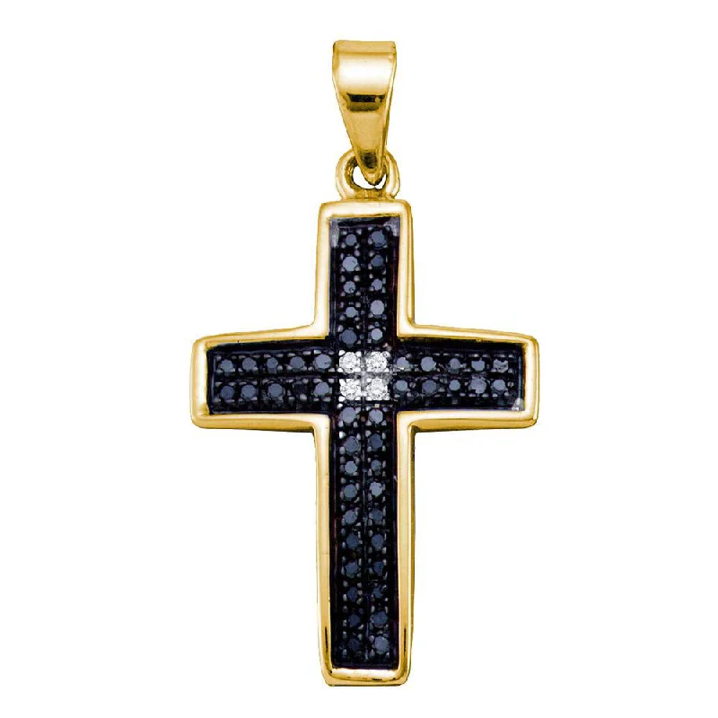 Yellow-tone Sterling Silver Womens Round Black Color Enhanced Diamond Cross Pendant 1/6 Cttw