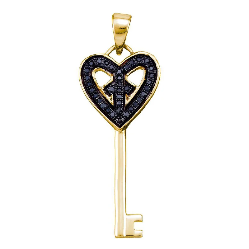 Yellow-tone Sterling Silver Womens Round Black Color Enhanced Diamond Key Pendant 1/10 Cttw