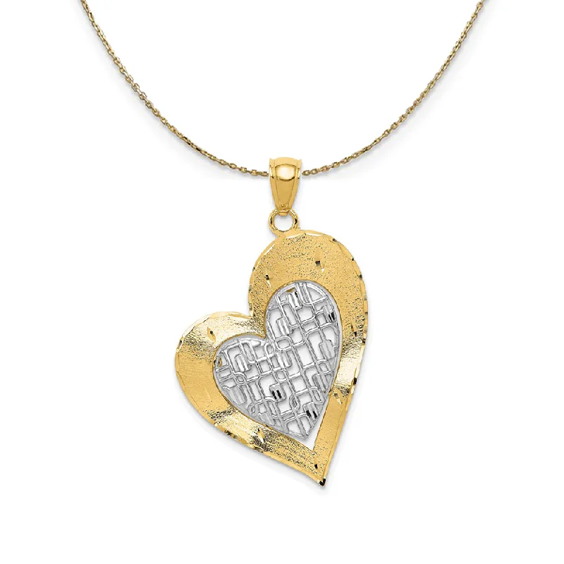 14k Two Tone Gold Satin and Diamond Cut Fancy Heart Necklace