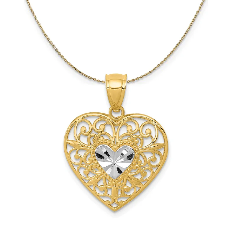 14k Yellow Gold and Rhodium Filigree Heart Necklace