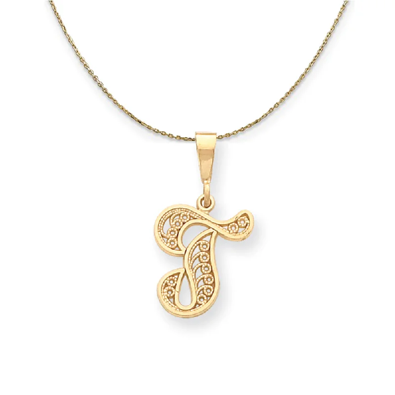 14k Yellow Gold, Maci, LG Filigree Script Initial T Necklace