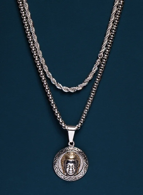 Necklace Set: Silver Rope Chain and Buddha Necklace