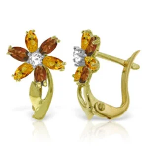 1.1 Carat 14K Solid Yellow Gold Earrings Diamond, Citrine Garnet