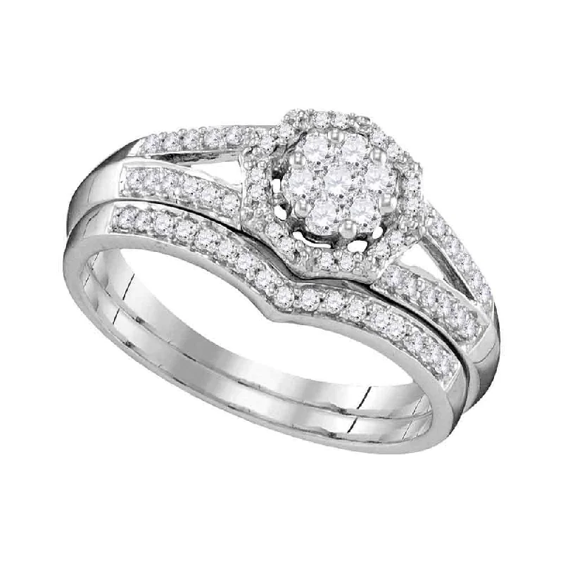 10k White Gold Round Diamond Cluster Bridal Wedding Ring Band Set 1/2 Cttw