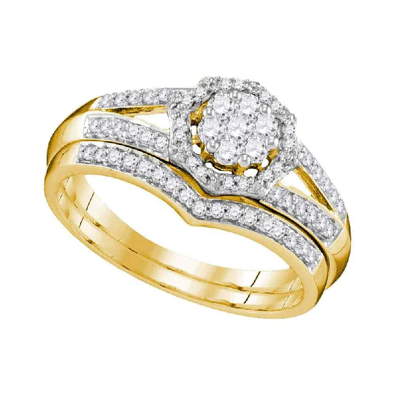 10k Yellow Gold Round Diamond Cluster Bridal Wedding Ring Band Set 1/2 Cttw