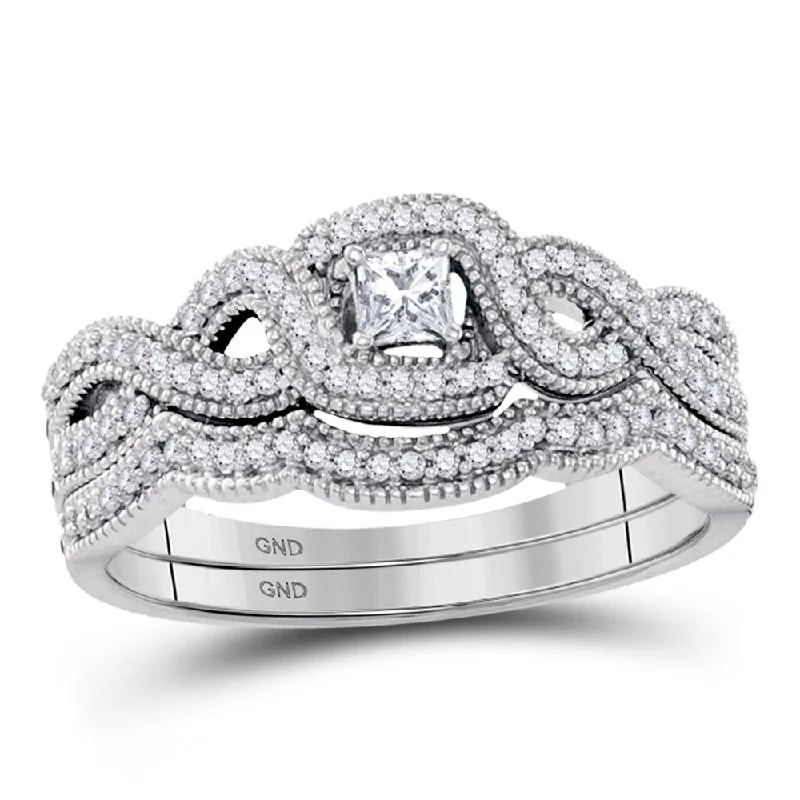 10kt White Gold Princess Diamond Twist Bridal Wedding Ring Band Set 1/3 Cttw