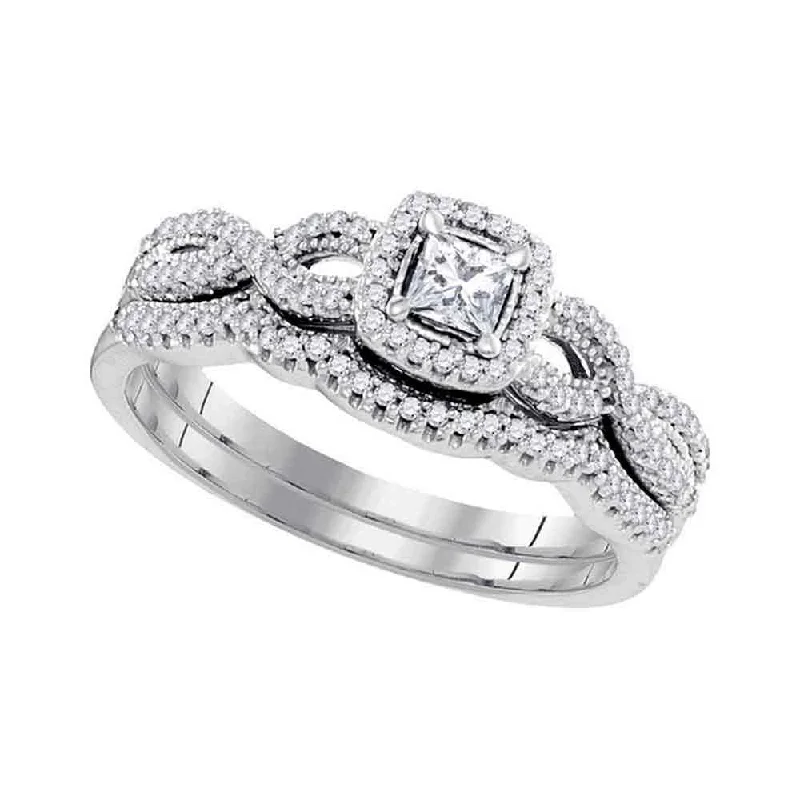 10kt White Gold Princess Diamond Twist Bridal Wedding Ring Band Set 3/8 Cttw