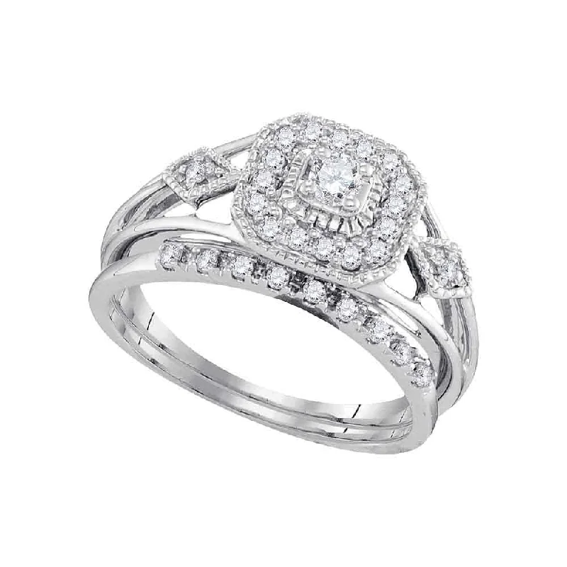 10kt White Gold Round Diamond Square Bridal Wedding Ring Band Set 1/3 Cttw