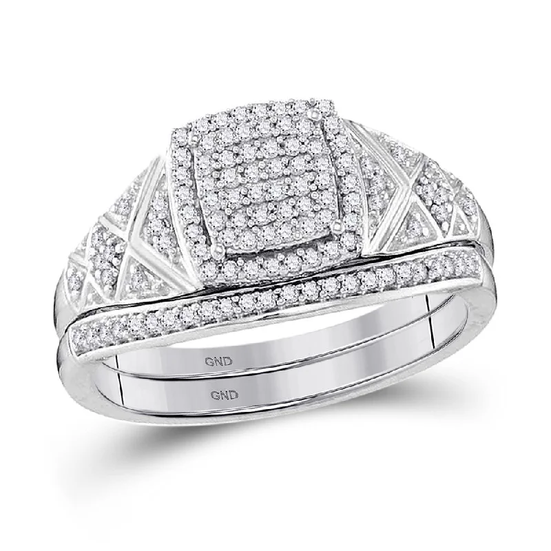 10kt White Gold Round Diamond Square Bridal Wedding Ring Band Set 1/3 Cttw