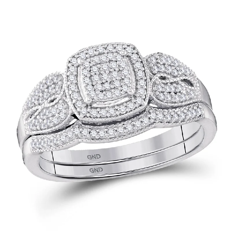 10kt White Gold Round Diamond Square Bridal Wedding Ring Band Set 1/3 Cttw