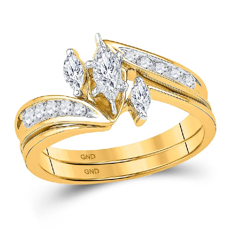 10kt Yellow Gold Marquise Diamond 3-Stone Bridal Wedding Ring Band Set 1/2 Cttw