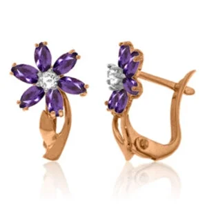 14K Solid Rose Gold Diamond & Amethyst Genuine Earrings