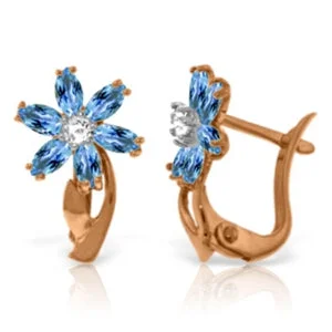 14K Solid Rose Gold Diamond & Blue Topaz Real Earrings