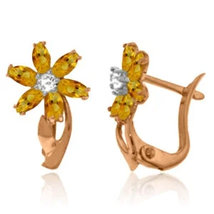 14K Solid Rose Gold Diamond & Citrine Genuine Earrings