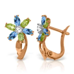 14K Solid Rose Gold Earrings w/ Diamonds, Blue Topaz & Peridot