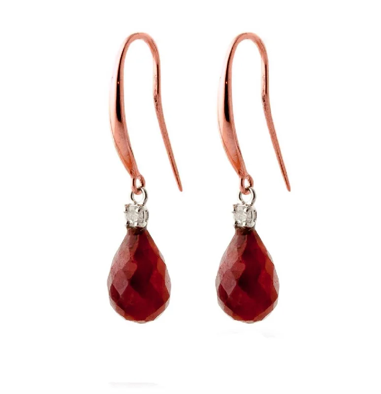 14K Solid Rose Gold Fish Hook Diamond & Ruby Earrings Certified