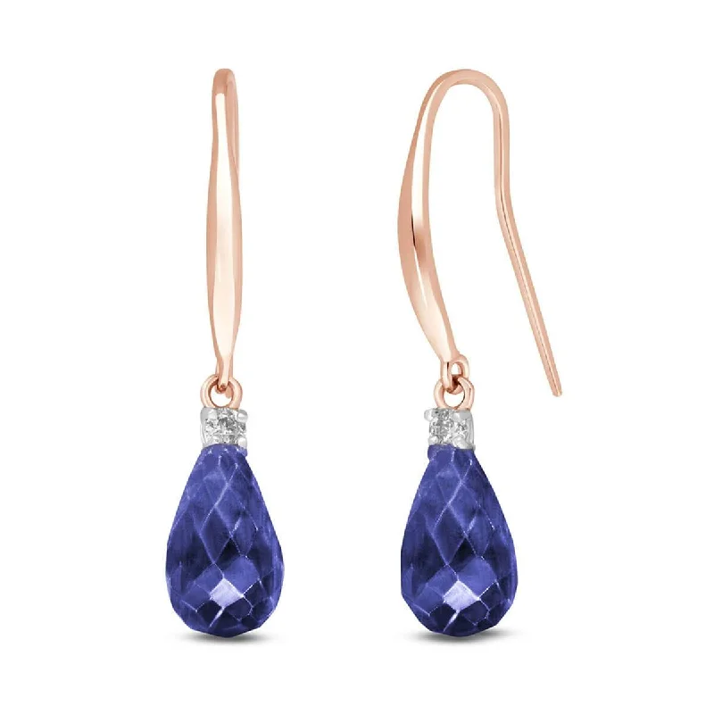 14K Solid Rose Gold Fish Hook Diamond & Sapphire Earrings Jewelry