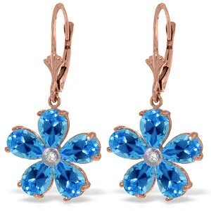 14K Solid Rose Gold Leverback Earrings Blue Topaz & Diamond