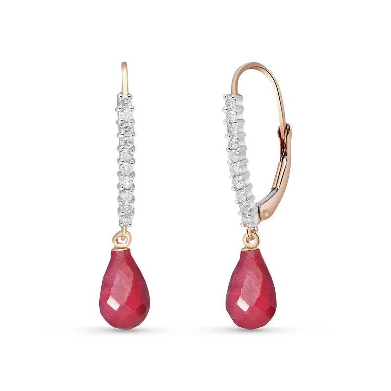 14K Solid Rose Gold Leverback Earrings Diamond & Ruby Gemstone