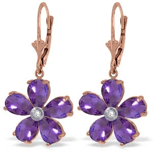 14K Solid Rose Gold Leverback Earrings w/ Amethysts & Diamonds