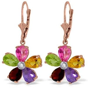 14K Solid Rose Gold Leverback Earrings w/ Multi Gemstones & Diamond