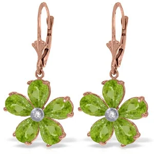 14K Solid Rose Gold Leverback Earrings w/ Peridots & Diamonds