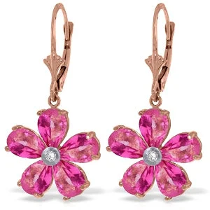 14K Solid Rose Gold Leverback Earrings w/ Pink Topaz & Diamond