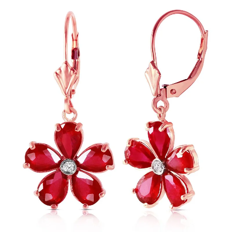 14K Solid Rose Gold Leverback Earrings w/ Rubies & Diamonds